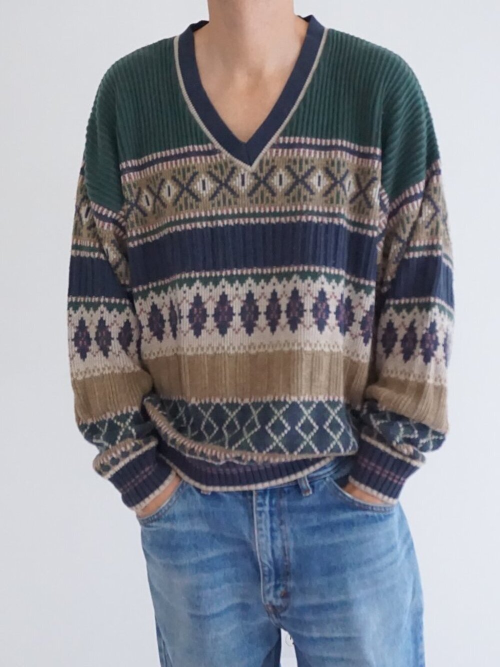 Vintage Arnold Palmer Green Fair Isle V Neck Knit Sweater Pullover Geometric XL